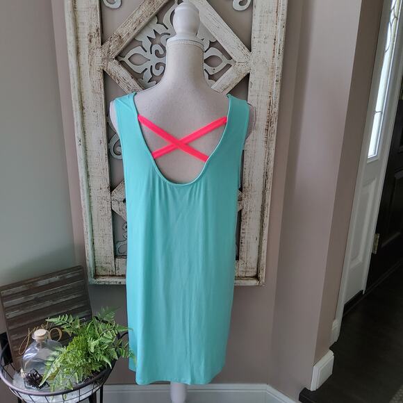 Lollipop Star Women's Sleeveless Tunic Top or Swimsuit Coverup in Aqua Hot Pink - Picture 5 of 12